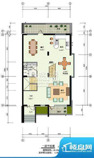 澳景园d户型一层 1室2厅1卫1厨面积:106.97平米