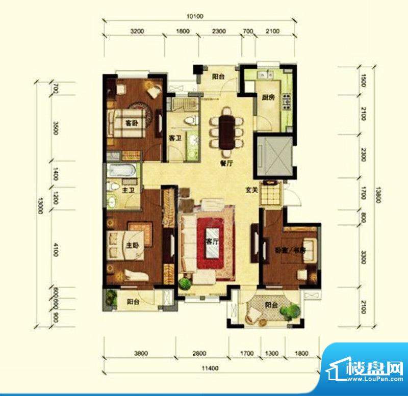 绿城百合公寓三居户型图 3室2厅面积:146.00平米