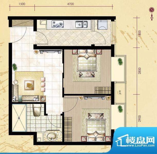 珠江拉维小镇B-5户型 2室2厅1卫面积:56.00平米