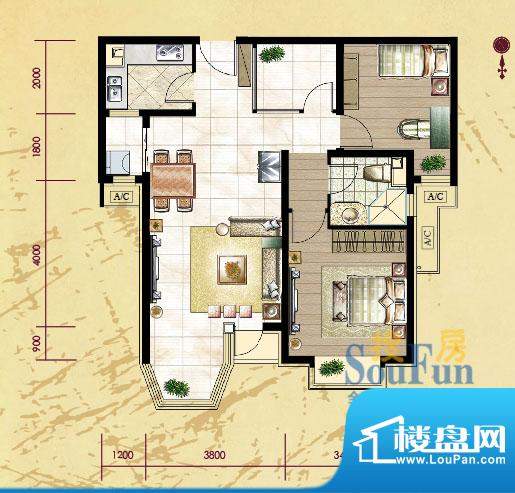 珠江拉维小镇A-1户型 3室2厅1卫面积:95.00平米