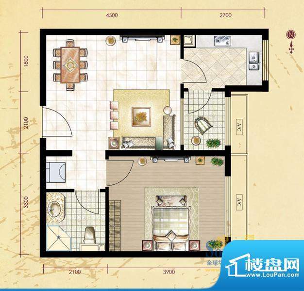 珠江拉维小镇D-3 1室2厅1卫1厨面积:60.00平米