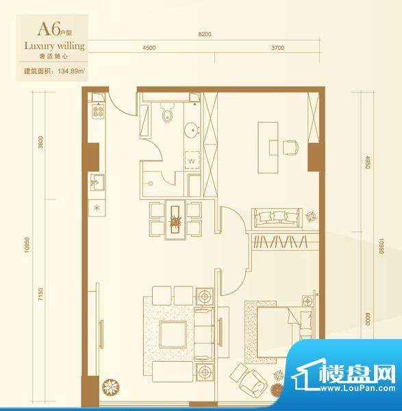 金贸中心A6户型 2室1厅1卫面积:134.89平米