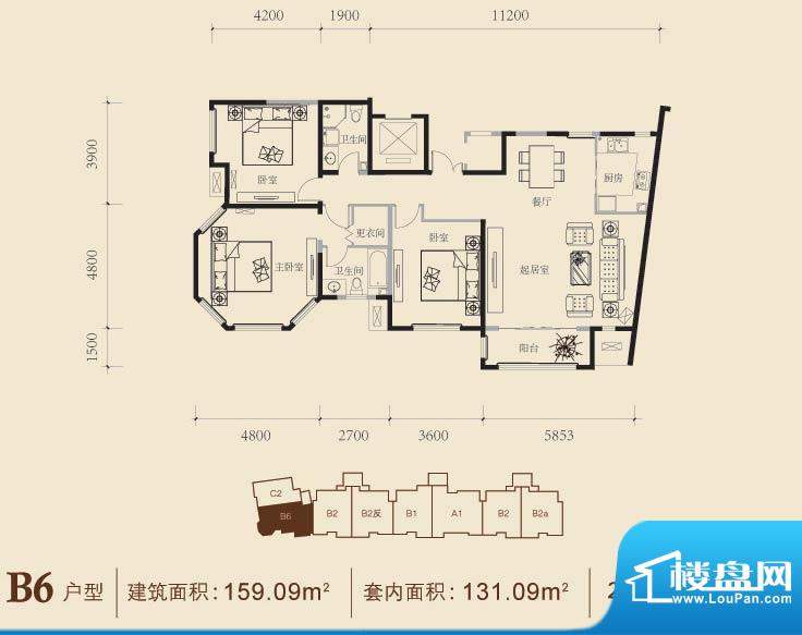 博悦府2号楼B6内户型 3室2厅2卫面积:159.09平米