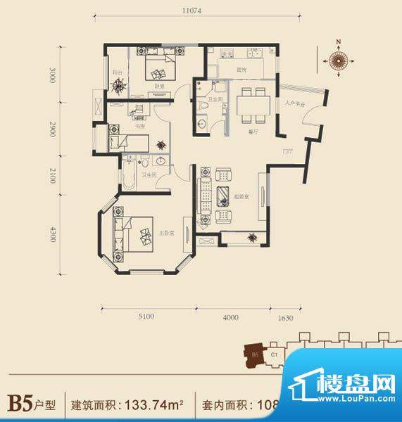博悦府1号楼B5内户型 3室2厅2卫面积:133.74平米