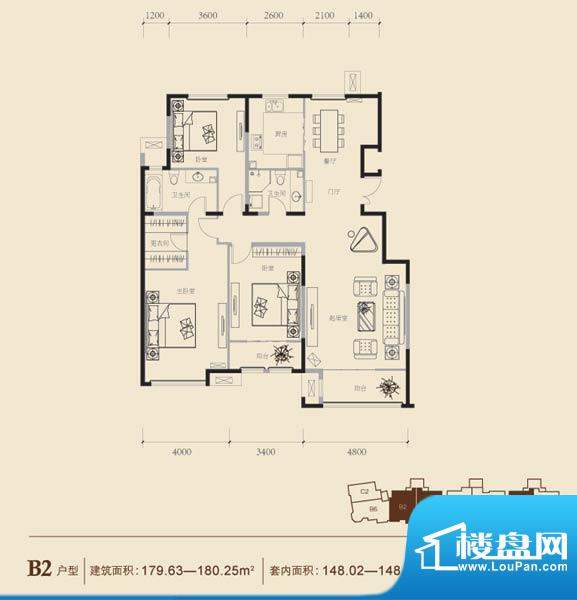 博悦府2号楼B2内户型 3室2厅2卫面积:179.63平米