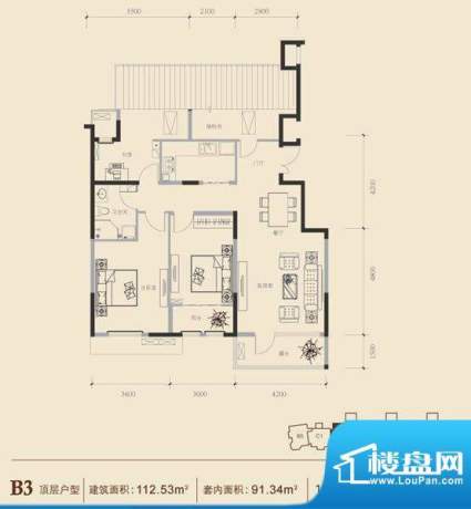 博悦府1号楼B3顶内户型 3室2厅面积:112.53平米