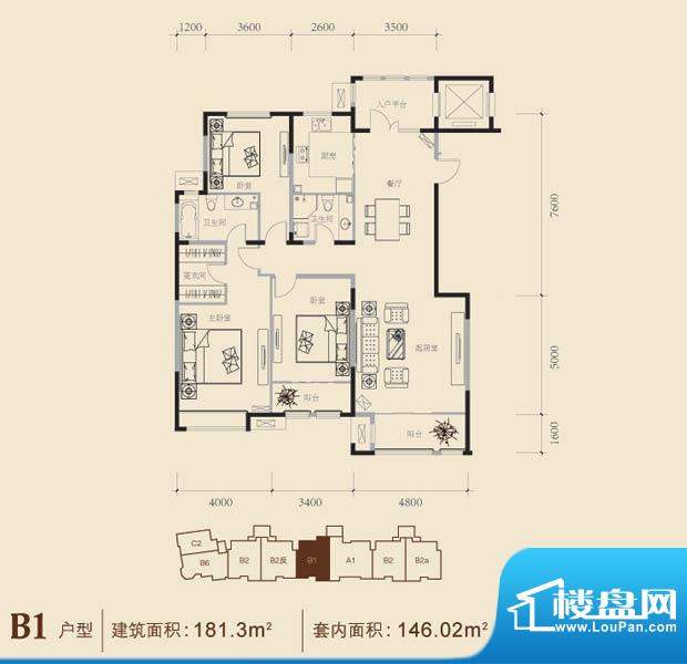 博悦府2号楼B1内户型 3室2厅2卫面积:181.30平米