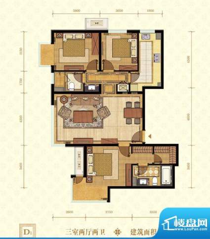 常楹公元D1-02 3室2厅2卫1厨面积:126.00平米