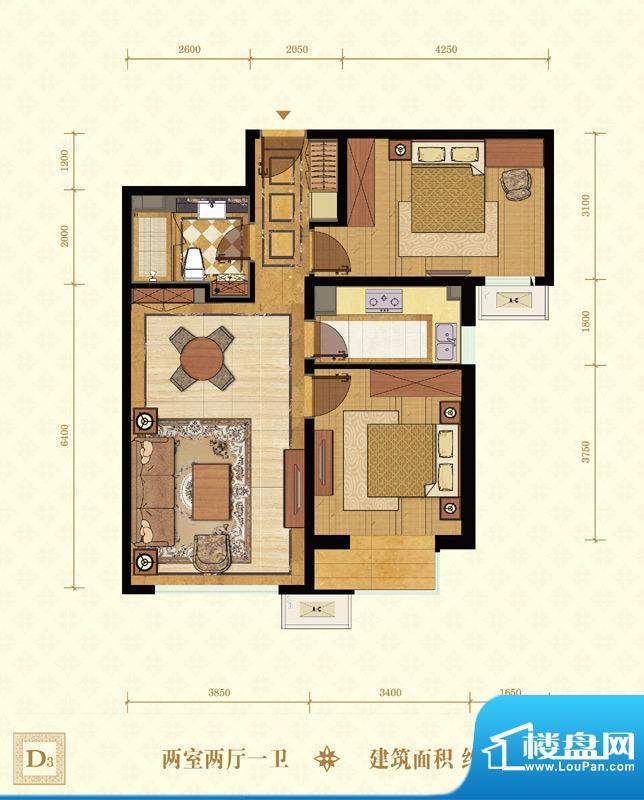 常楹公元D3-02 2室2厅1卫1厨面积:85.00平米