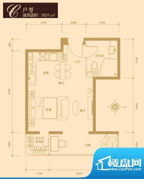 红杉国际公寓C户型 1室1厅1卫1面积:50.00平米