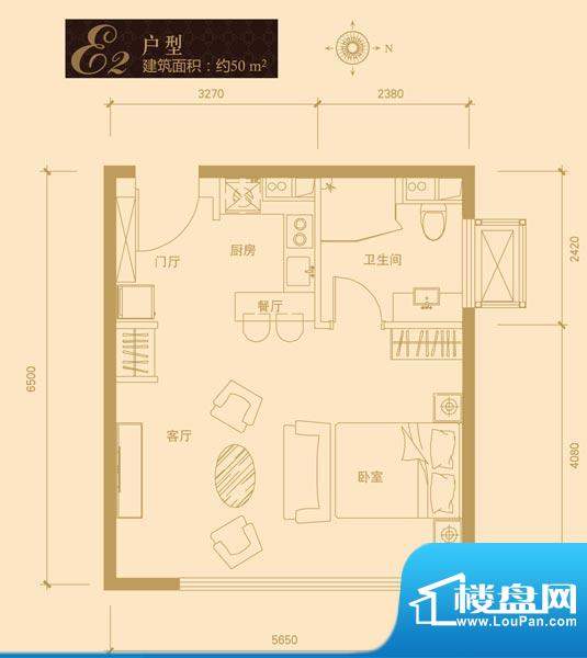 红杉国际公寓E2户型 1室1厅1卫面积:50.00平米