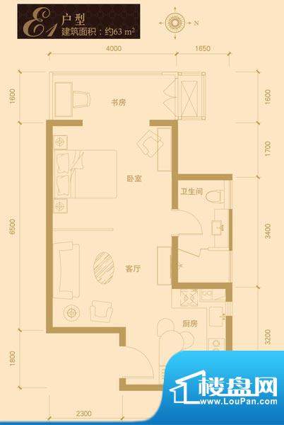 红杉国际公寓E1户型 1室1厅1卫面积:63.00平米