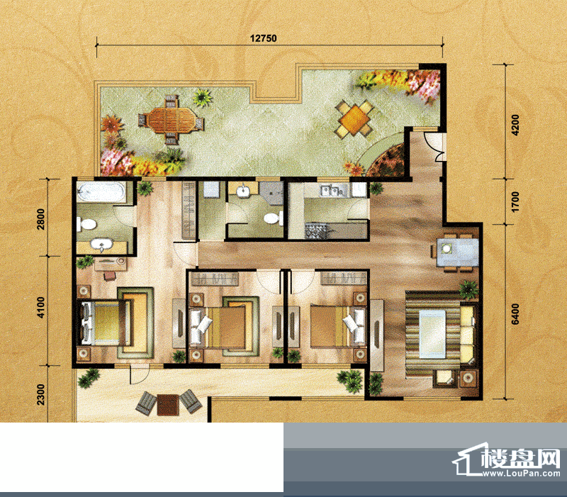 中国铁建·花语城3-J6户型 3室面积:126.00平米