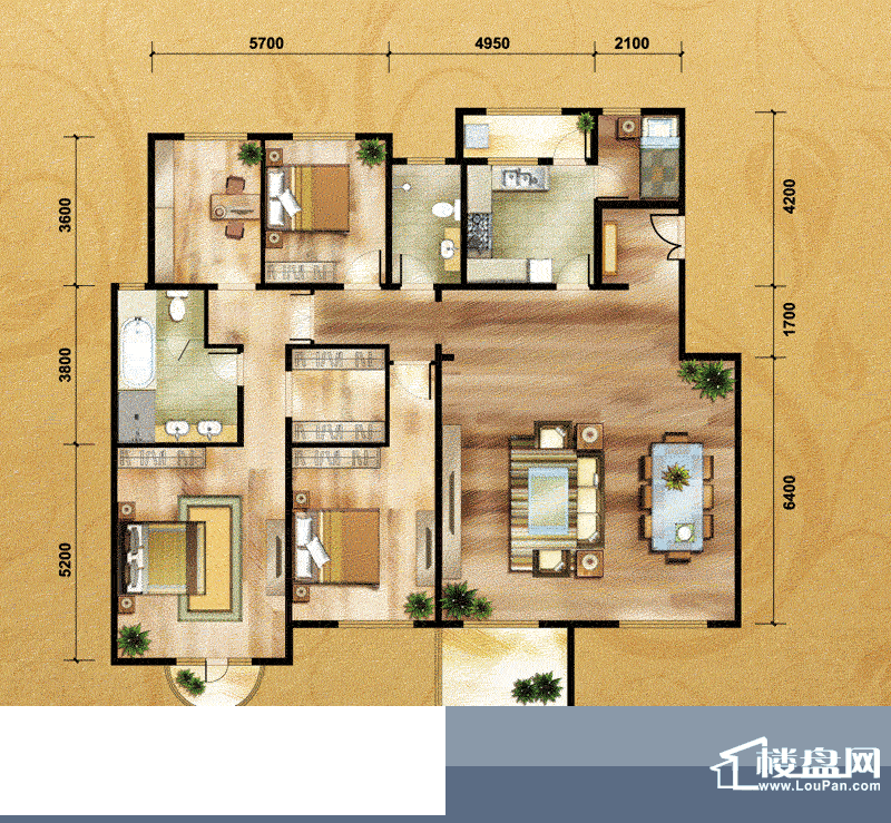 中国铁建·花语城4-J4户型 4室面积:196.00平米