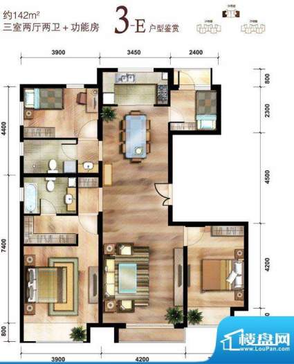 中国铁建·花语城3-E户型 3室2面积:142.00平米