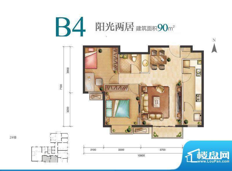 远洋新悦B4户型 2室2厅1卫1厨面积:90.00平米