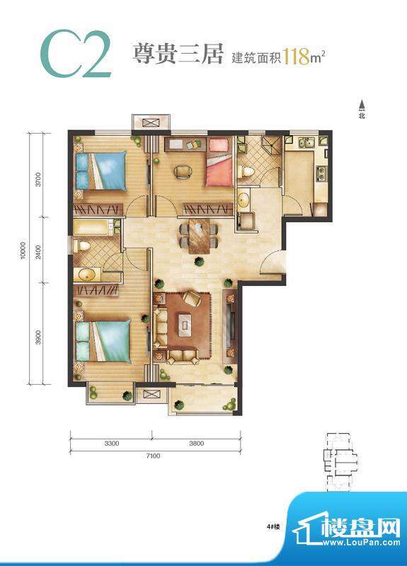 远洋新悦C2户型 3室2厅2卫1厨面积:118.00平米