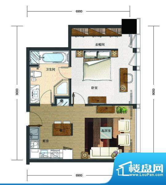 大悦公寓S05户型 1室2厅1卫1厨面积:86.37平米
