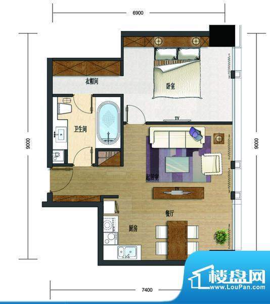 大悦公寓s07户型 1室2厅1卫1厨面积:84.00平米