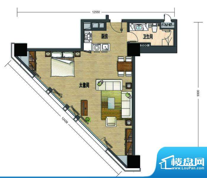 大悦公寓S10户型 1室1卫1厨面积:92.17平米