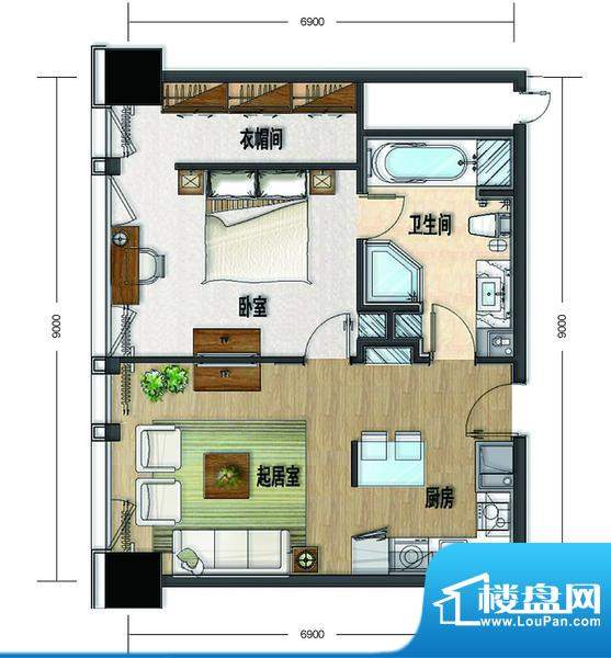 大悦公寓S12户型 1室2厅1卫1厨面积:89.55平米