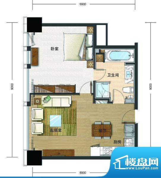 大悦公寓S13户型 1室2厅1卫1厨面积:87.57平米
