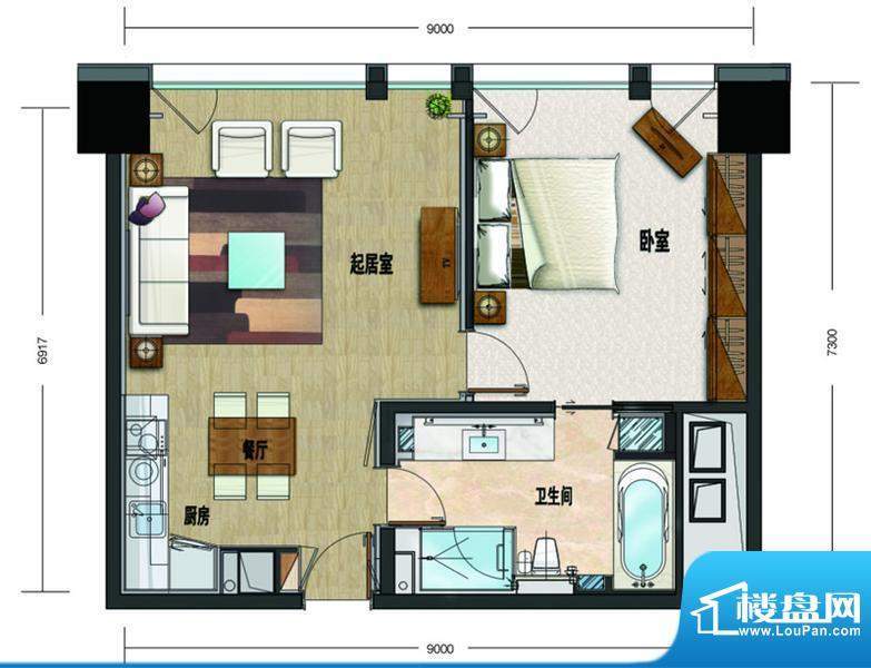 大悦公寓N02户型 1室2厅1卫1厨面积:88.30平米