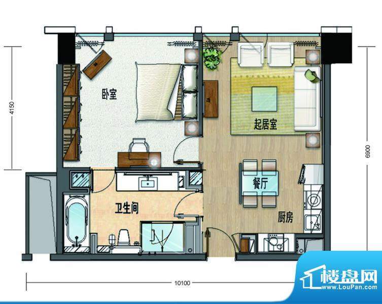 大悦公寓N03户型 1室2厅1卫1厨面积:89.22平米