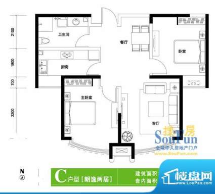 顺义金宝城c户型 2室2厅1卫1厨面积:89.00平米