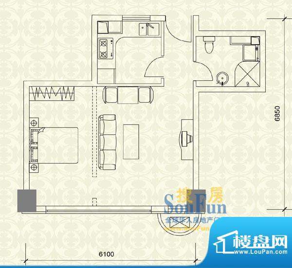 世纪星城长城国际C户型 1室1厅面积:53.11平米