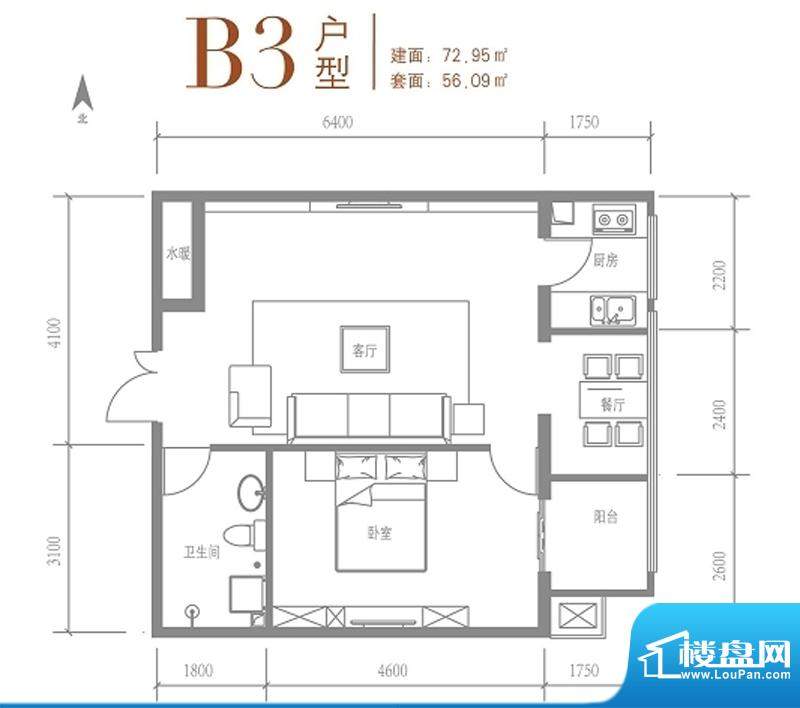 戛纳35号B3户型 1室1厅1卫1厨面积:72.95平米