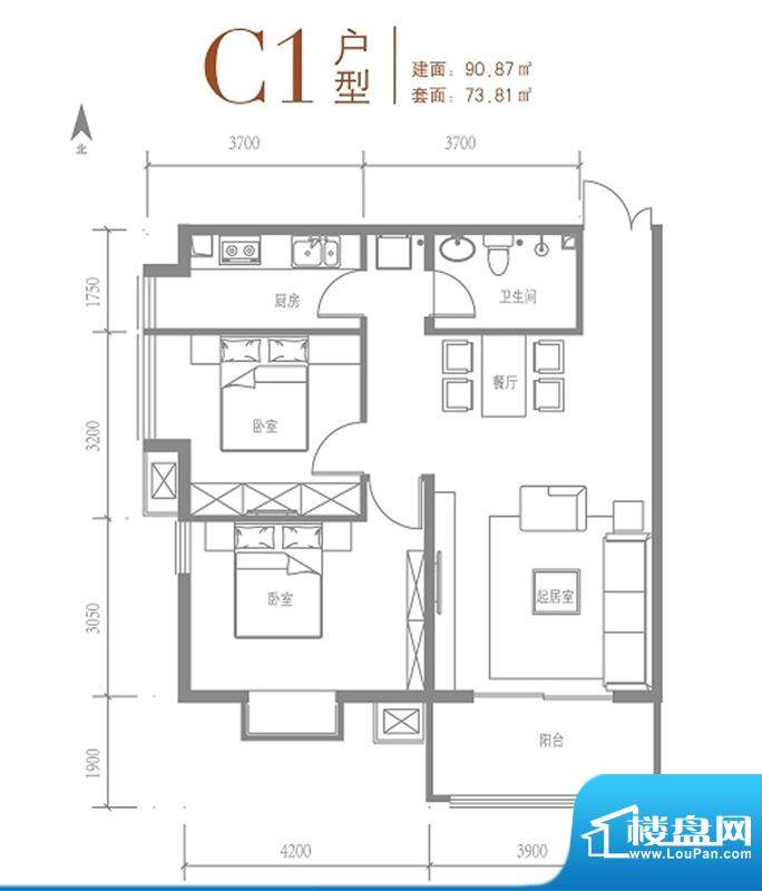 戛纳35号c1户型 2室2厅1卫1厨面积:90.87平米