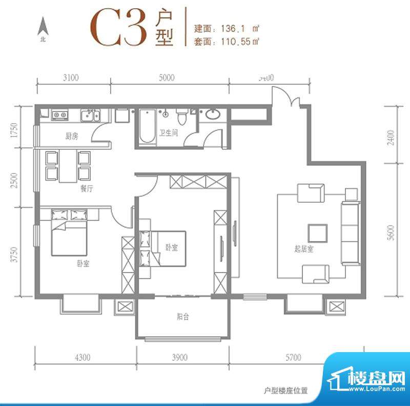 戛纳35号c3户型 2室2厅1卫1厨面积:136.10平米
