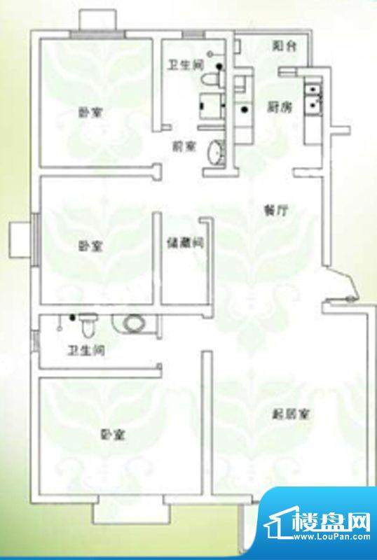 千禧家园三期B户型户型图 3室2面积:132.08平米