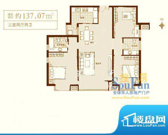 天时名苑三居户型 3室2厅2卫1厨面积:137.07平米