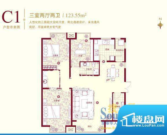 天时名苑C1户型 3室2厅2卫1厨面积:123.55平米