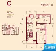 京汉铂寓C户型 2室2厅1卫1厨面积:84.19平米