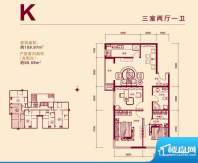 京汉铂寓k户型 3室2厅1卫1厨面积:109.97平米