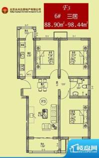 永兴家园F3户型 3室2厅1卫1厨面积:88.90平米