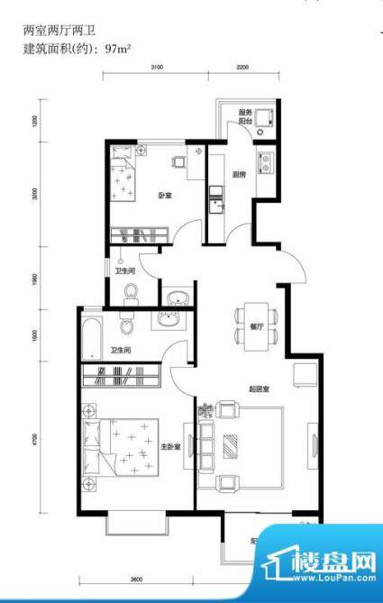 上林溪B2户型图 2室2厅2卫1厨面积:97.00平米