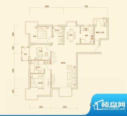 上林溪A户型 3室2厅2卫1厨面积:135.00平米