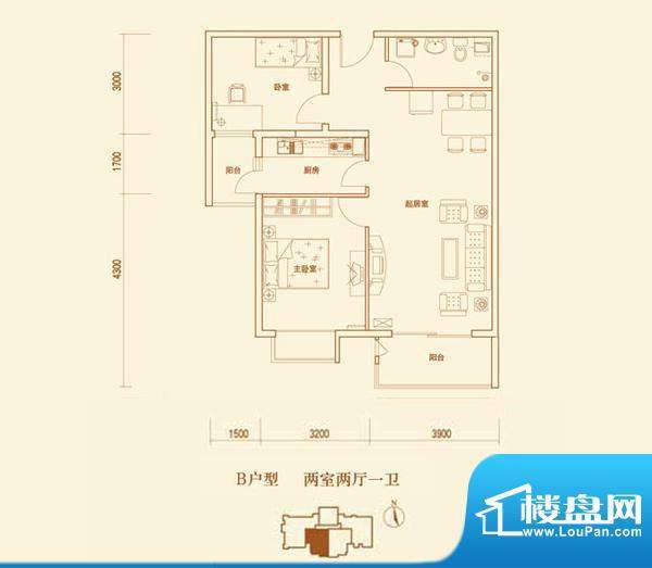 上林溪B户型 2室2厅1卫1厨面积:93.00平米