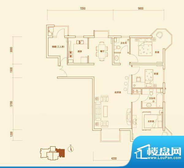 上林溪A1户型 3室2厅2卫1厨面积:137.00平米