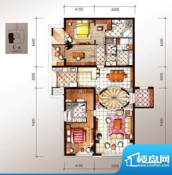 圣世一品C-B户型 3室2厅2卫3厨面积:255.29平米