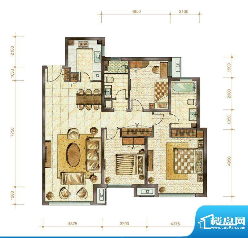 北京橡树湾3室2厅户型图-北京楼盘网