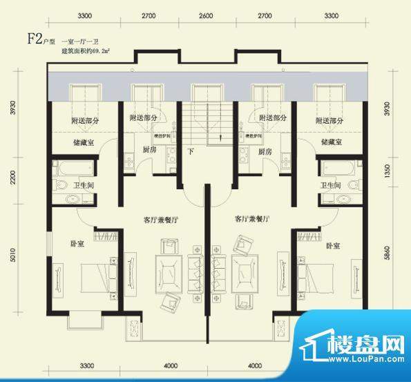 望都新地F2户型 1室2厅1卫1厨面积:69.20平米
