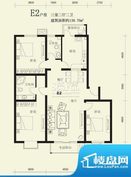 望都新地E2户型 3室2厅2卫面积:138.70平米