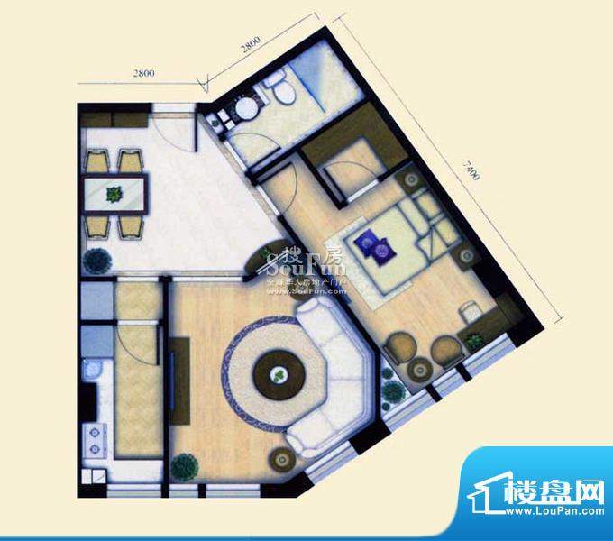 CROSS朗廷阳光天地 1室1厅1卫1面积:90.99平米