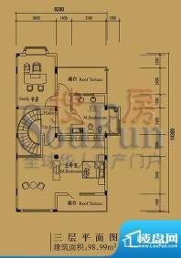 檀香山别墅A16三层户型图 2室1面积:98.99平米