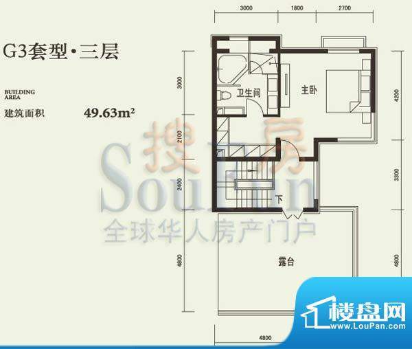 燕西台G3三层户型图 1室1卫面积:49.63平米